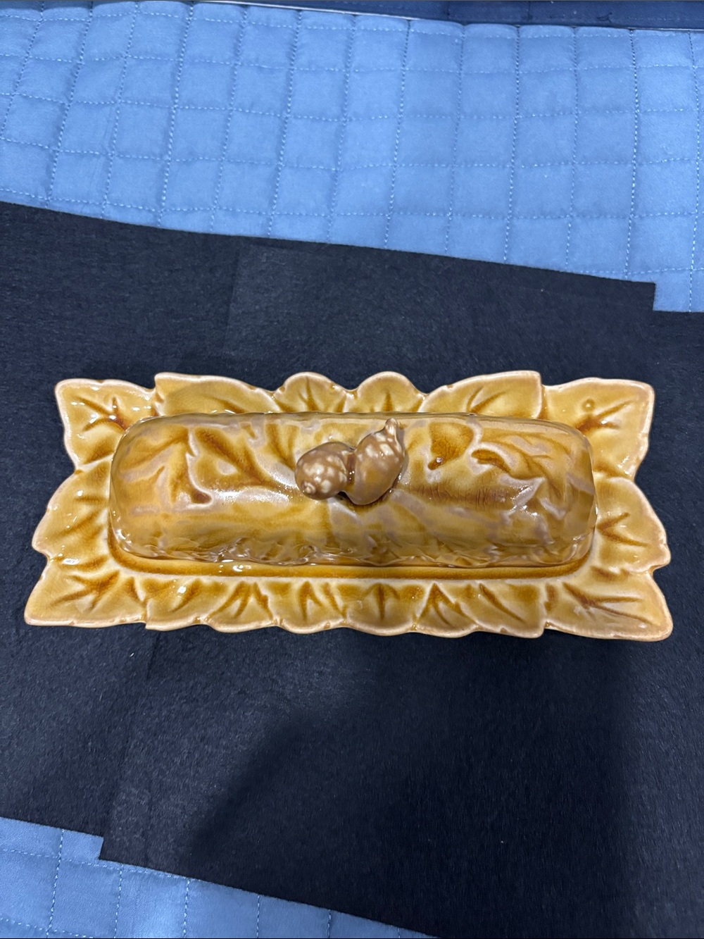 Anthropologie fall Ceramic Butter Dish with Leaf Motif - Golden Brown